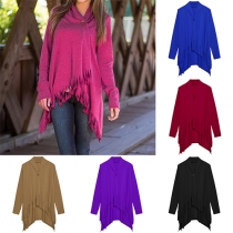 Trendy Solid Color V-neck Long Sleeve Irregular Tassel Hemline Tops