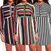 Fashion Contrast Color Striped Printed Single-breasted Lapel Long Sleeve Blouse Dress