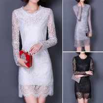 Elegant Solid Color Round Neck Long Sleeve Eyelash Lace Hollow Out Dress