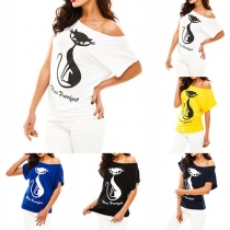 Casual Style Cat Printed Oblique Shoulder Short Sleeve Relaxed T-shirt