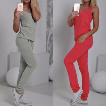 Casual Style Solid Color Round Neck Sleeveless Tops and Pants Two-piece Set