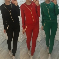 Fashion Solid Color Front Zipper Round Neck Long Sleeve Sports Suit