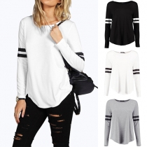Casual Style Striped Contrast Color Round Neck Long Sleeve T-shirt