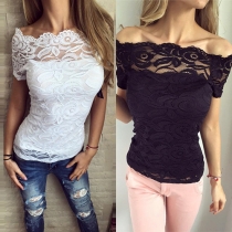Sexy Solid Color Boat Neck Lace Spliced Short Sleeve T-shirt