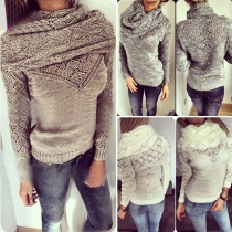 Stylish Solid Color Pile Collar Long Sleeve Hollow Out Knit Sweater