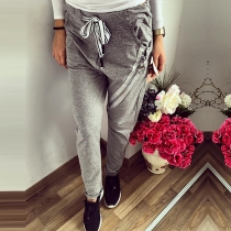 Casual Style Drawstring Waist Oblique Zipper Sports Pants For Women