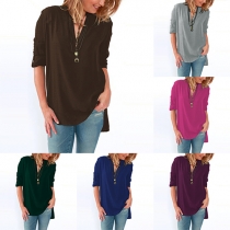 Casual Style Solid Color V-neck Button-tab Sleeve High-low Hemline Tops