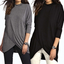 Fashion Solid Color Round Neck Bat Sleeve Irregular Hemline Tops