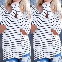 Stylish Striped V-neck Cut-out Long Sleeve Loose-fitting T-shirt