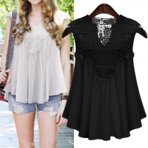 Sexy Solid Color Lace Spliced V-neck Cap Sleeve Pleated Chiffon Tops