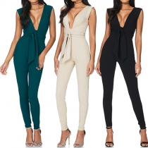 Sexy Solid Color Deep V-neck Sleeveless Backless Gathered Waist Jumpsuit