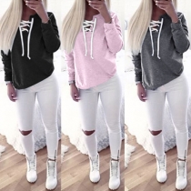 Casual Style Solid Color Lace-up V-neck Long Sleeve Tops