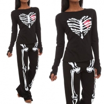 Casual Skull Printed Long Sleeve Tops and Pants Two-piece Set