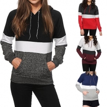Casual Style Contrast Color Front Pocket Long Sleeve Hooded Sweatshirt For Women