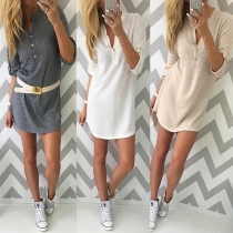 Casual Style Solid Color V-neck Button-tab Sleeve Slim-fitting Dress