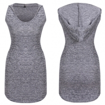 Sexy Solid Color Round Neck Sleeveless Hooded Slim Fit Dress