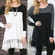 Fashion Contrast Color Lace Spliced Round Neck Long Sleeve High-low Hemline Dress