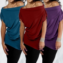 Sexy Solid Color Boat Neck Short Sleeve Crinkle Loose-fitting Tops