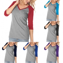 Casual Style Contrast Color V-neck 3/4 Sleeve T-shirt
