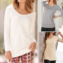 Concise Style Solid Color Round Neck Long Sleeve Relaxed T-shirt