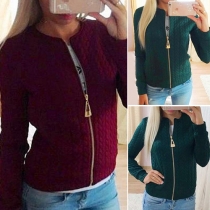 Fashion Solid Color Front Zipper Round Neck Long Sleeve Jackets