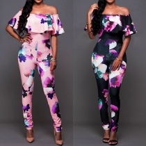 Sexy Printed Off Shoulder Backless Ruffle Slim-fitting Jumpsuit
