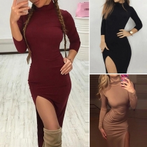 Sexy Solid Color Turtleneck Long Sleeve High-slit Hem Bodycon Dress