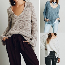 Sexy V-neck Long Sleeve High-low Split Hemline Loose-fitting Sweater