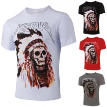 Casual Indian Chief Skull Printed Round Neck Short Sleeve T-shirt For Men