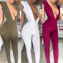 Sexy Solid Color Deep V-neck Sleeveless Close-fitting Jumpsuit