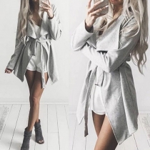 Fashion Solid Color Lapel Long Sleeve Gathered Waist Woolen Cardigan