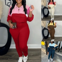 Casual Style Contrast Color Round Neck Long Sleeve Sports Suit