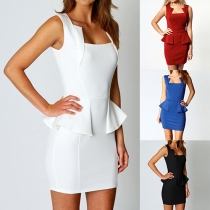 Sexy Solid Color Square Collar Sleeveless Peplum Dress