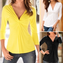 Sexy Solid Color Front Knotted V-neck 3/4 Sleeve Tops