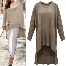 Fashion Solid Color Round Neck Long Sleeve High-low Hemline Knit Dress
