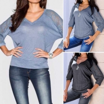 Trendy Solid Color Lace Spliced V-neck 3/4 Sleeve Tops