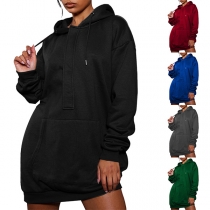 Casual Solid Color Scarf Collar Long Sleeve Front Pocket Sweatshirt For Women