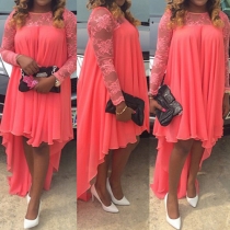Elegant Solid Color Lace Spliced Round Neck Long Sleeve High-low Hemline Dress