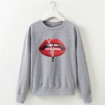 Casual Style Lips Printed Round Neck Long Sleeve Tops
