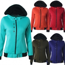 Stylish Contrast Color Front Zipper Side Buttons Hooded Long Sleeve Women's Sweatshirt