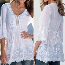 Stylish Solid Color V-Neck Half Sleeve Embroidery Hollow Out Tops