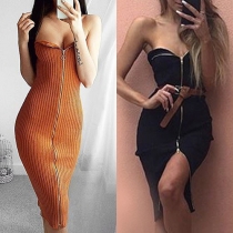 Sexy Solid Color Front Zipper Strapless Backless Bodycon Dress