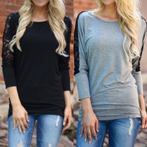 Fashion Lace Spliced Round Neck 3/4 Sleeve Slim-fitting T-shirt