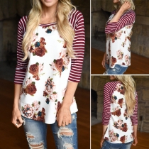 Sweet Floral Printed Striped Round Neck 3/4 Sleeve T-shirt