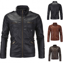 Fashion Solid Color Front Zipper Collar Long Sleeve Men's PU Leather Jacket