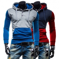 Casual Style Contrast Color Front Pocket Long Sleeve Hooded Sweatshirt For Men