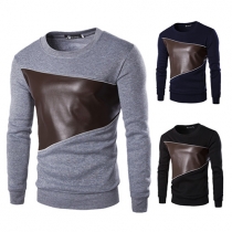Fashion PU Leather Spliced Round Neck Long Sleeve Sweatshirt For Men