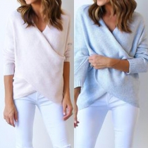 Concise Style Solid Color Front Cross V-neck Long Sleeve Sweater
