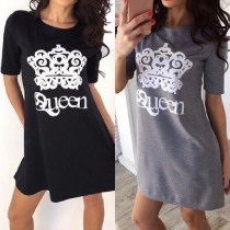 Casual Style Crown Printed Round Neck Short Sleeve Dress