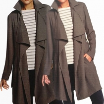Trendy Solid Color Lapel Long Sleeve Trench Coat with Waist Strap